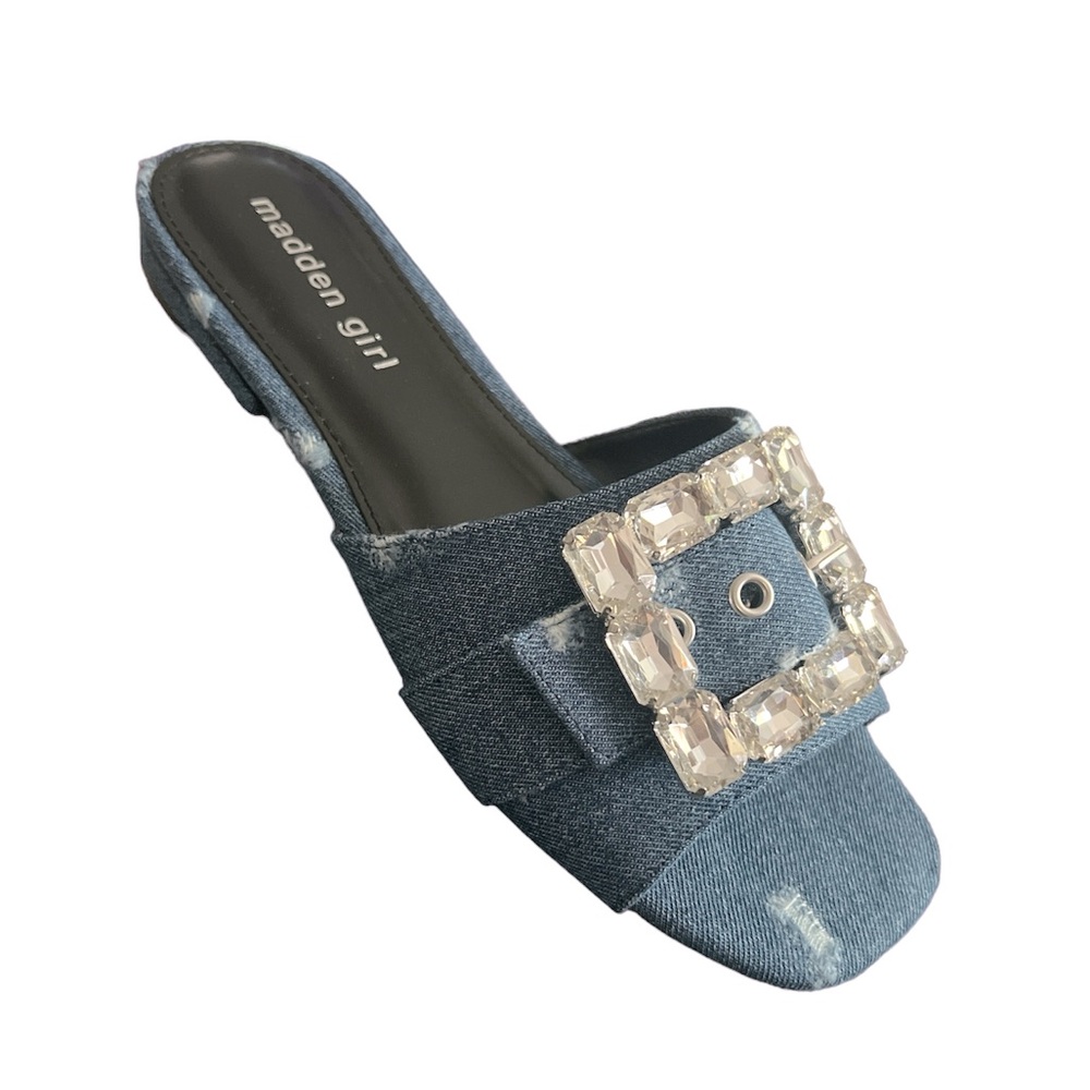 Madden girl Women’s Heythere Rhinestone Sandals/mules distressed blue denim Ne…